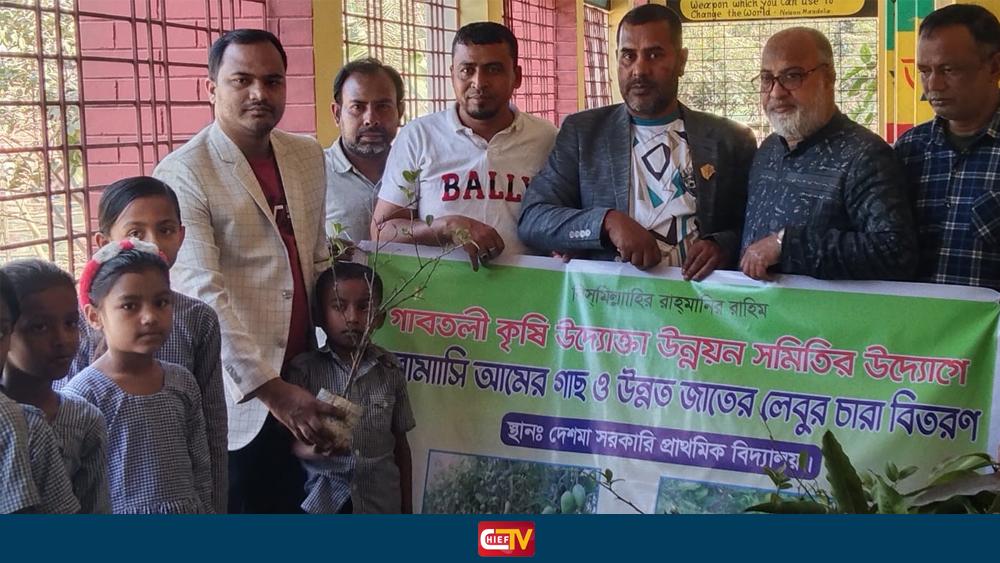 শাজাহানপুরে প্রাথমিক শিক্ষার্থীদের মাঝে ফলজ চারা গাছ বিতরণ - Chief TV